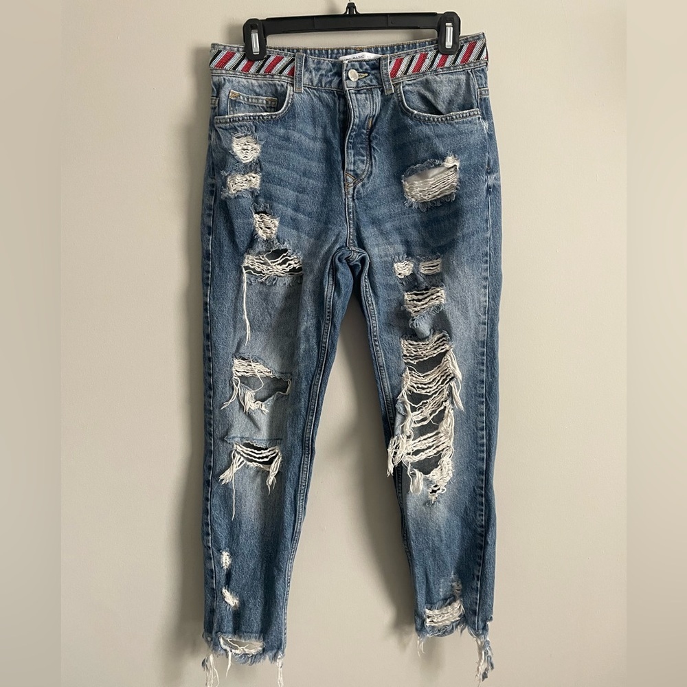 Zara Beaded Striped Waist Distressed Raw Hem Mom Jean